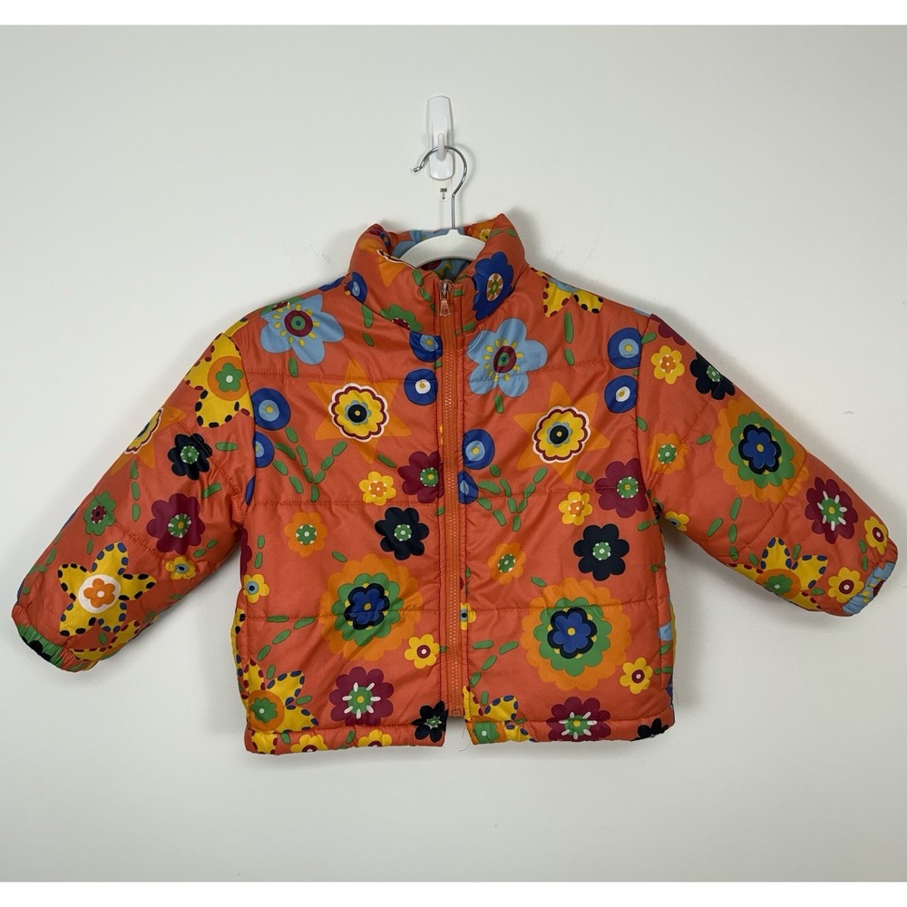 United Colors Of Benetton Made In Italy Floral Coral Orange Puffer Coat Girls XS